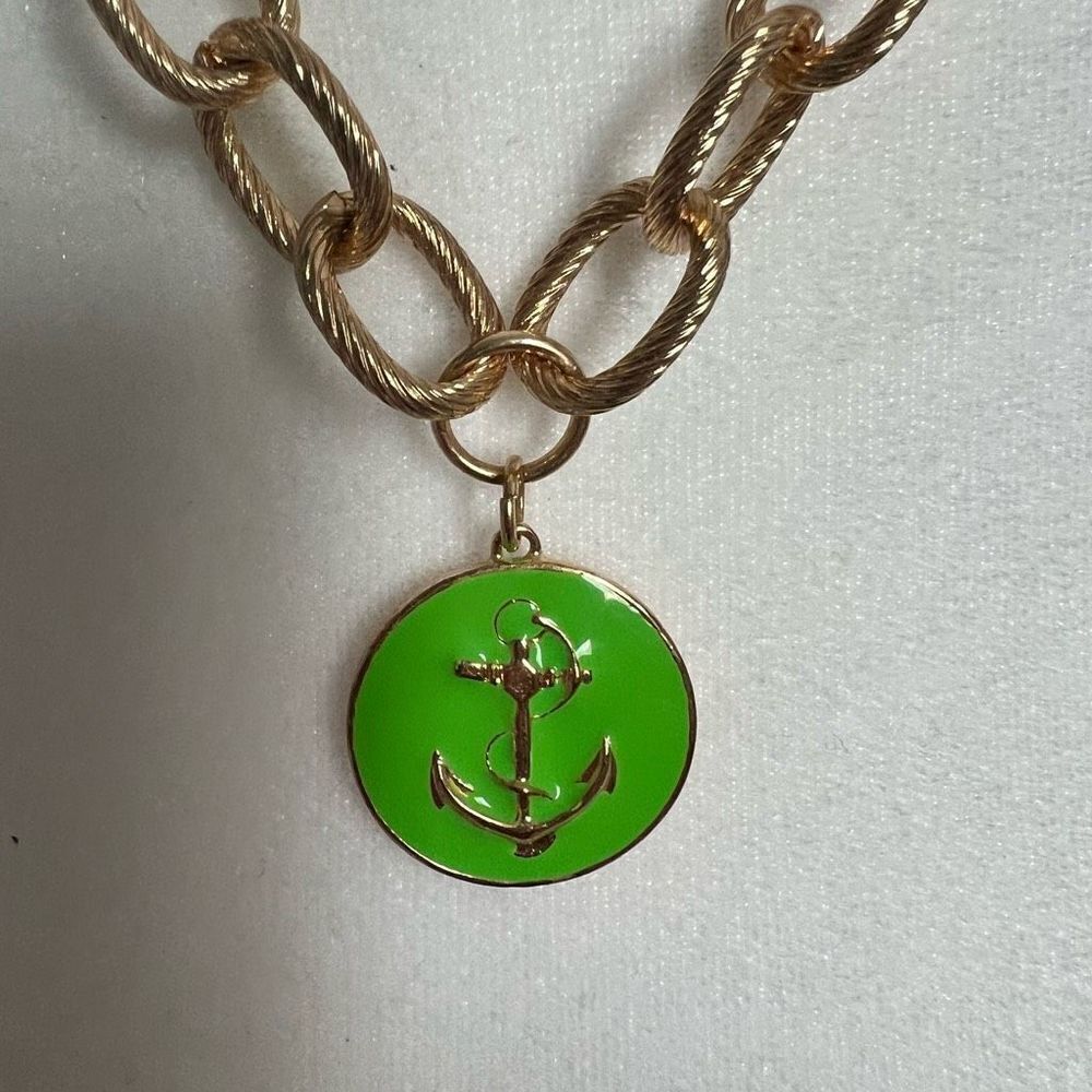 Gold tone chain with green enamel anchor pendant necklace - Picture 2 of 11